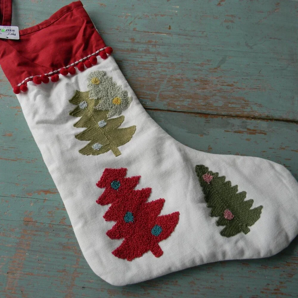 NWT PIER 1 EMBROIDERED CHRISTMAS TREES POM POM STOCKING